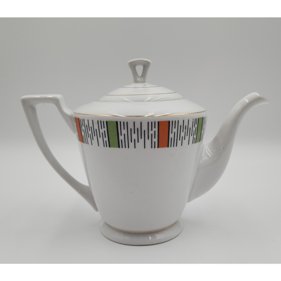 MCM HTF Rare Retro Design Green Orange Made In China Tea Pitcher Porcelain White - Picture 3 of 13